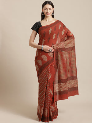 Brown and White, Kalakari India Cotton Brown Hand crafted saree with blouse BAPASA0102-Saree-Kalakari India-BAPASA0102-Block Print, Cotton, Geographical Indication, Hand Crafted, Heritage Prints, Natural Dyes, Red, Sarees, Sustainable Fabrics, Woven, Yellow-[Linen,Ethnic,wear,Fashionista,Handloom,Handicraft,Indigo,blockprint,block,print,Cotton,Chanderi,Blue, latest,classy,party,bollywood,trendy,summer,style,traditional,formal,elegant,unique,style,hand,block,print, dabu,booti,gift,present,glamoro