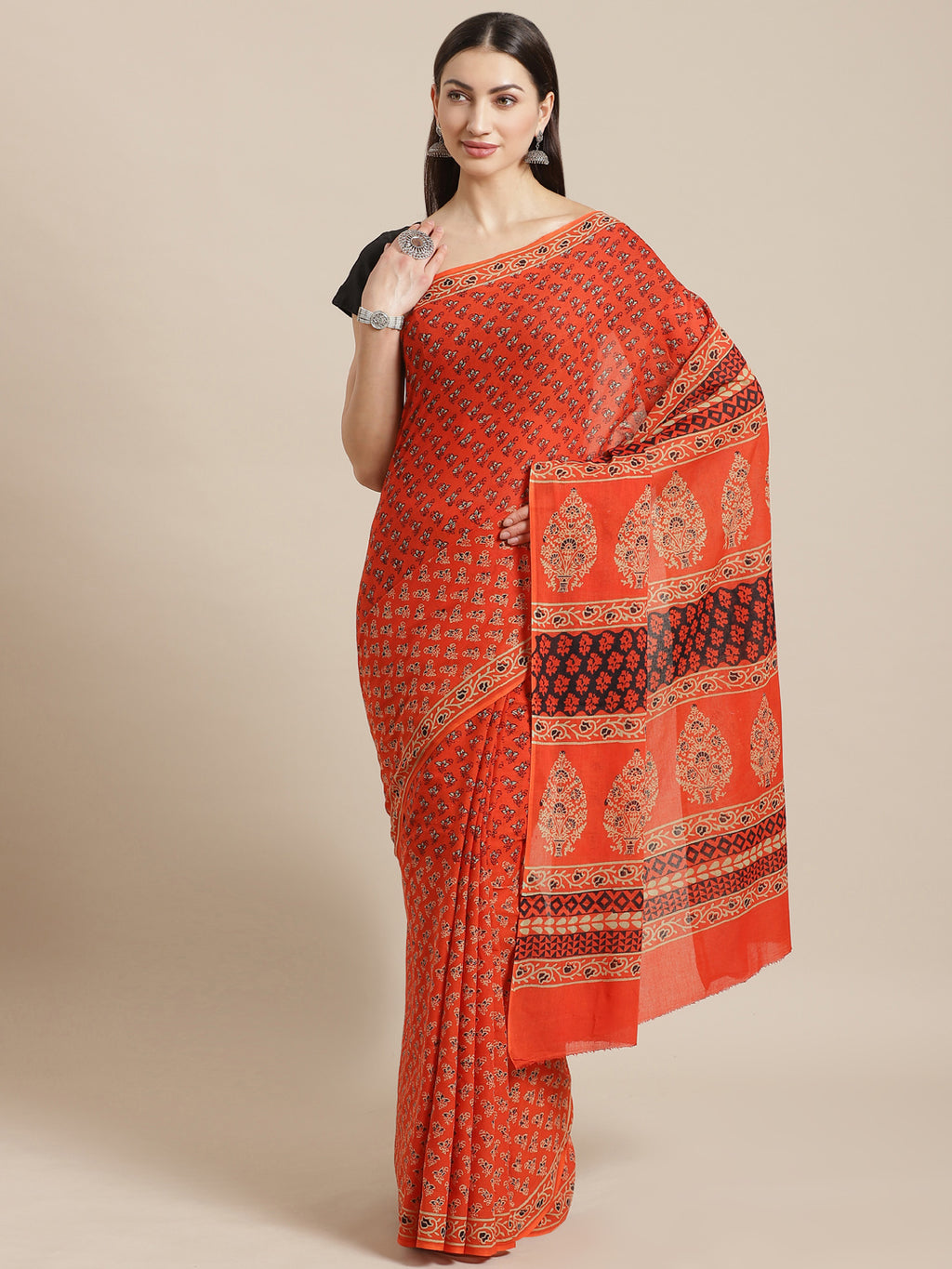 Orange and Black, Kalakari India Cotton Orange Hand crafted saree with blouse BAPASA0103-Saree-Kalakari India-BAPASA0103-Block Print, Cotton, Geographical Indication, Hand Crafted, Heritage Prints, Natural Dyes, Red, Sarees, Sustainable Fabrics, Woven, Yellow-[Linen,Ethnic,wear,Fashionista,Handloom,Handicraft,Indigo,blockprint,block,print,Cotton,Chanderi,Blue, latest,classy,party,bollywood,trendy,summer,style,traditional,formal,elegant,unique,style,hand,block,print, dabu,booti,gift,present,glamo