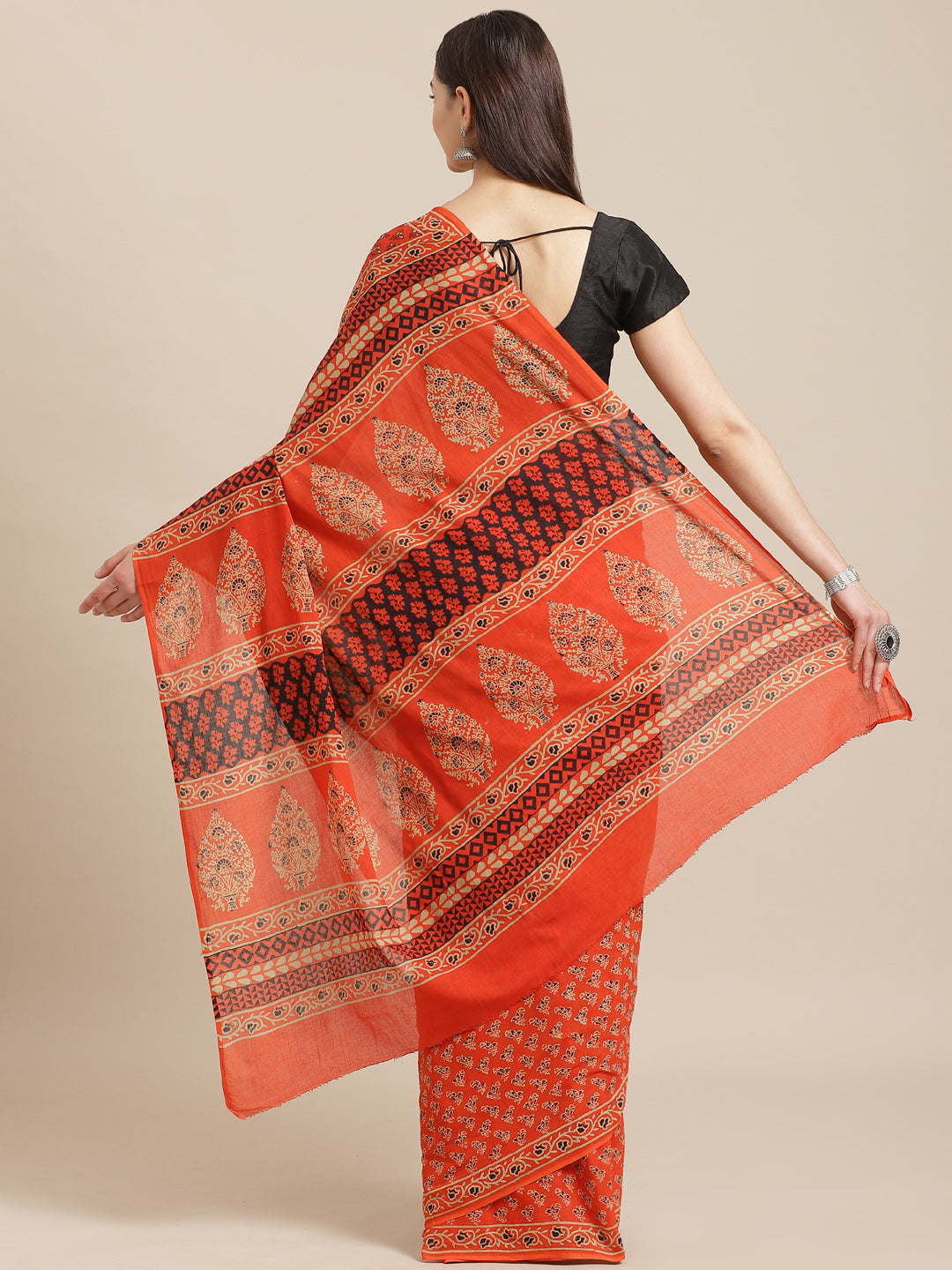 Orange and Black, Kalakari India Cotton Orange Hand crafted saree with blouse BAPASA0103-Saree-Kalakari India-BAPASA0103-Block Print, Cotton, Geographical Indication, Hand Crafted, Heritage Prints, Natural Dyes, Red, Sarees, Sustainable Fabrics, Woven, Yellow-[Linen,Ethnic,wear,Fashionista,Handloom,Handicraft,Indigo,blockprint,block,print,Cotton,Chanderi,Blue, latest,classy,party,bollywood,trendy,summer,style,traditional,formal,elegant,unique,style,hand,block,print, dabu,booti,gift,present,glamo