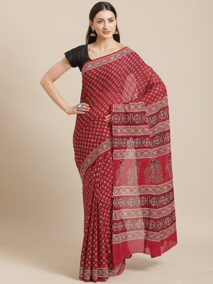 Maroon and Black, Kalakari India Cotton Maroon Hand crafted saree with blouse BAPASA0104-Saree-Kalakari India-BAPASA0104-Block Print, Cotton, Geographical Indication, Hand Crafted, Heritage Prints, Natural Dyes, Red, Sarees, Sustainable Fabrics, Woven, Yellow-[Linen,Ethnic,wear,Fashionista,Handloom,Handicraft,Indigo,blockprint,block,print,Cotton,Chanderi,Blue, latest,classy,party,bollywood,trendy,summer,style,traditional,formal,elegant,unique,style,hand,block,print, dabu,booti,gift,present,glamo