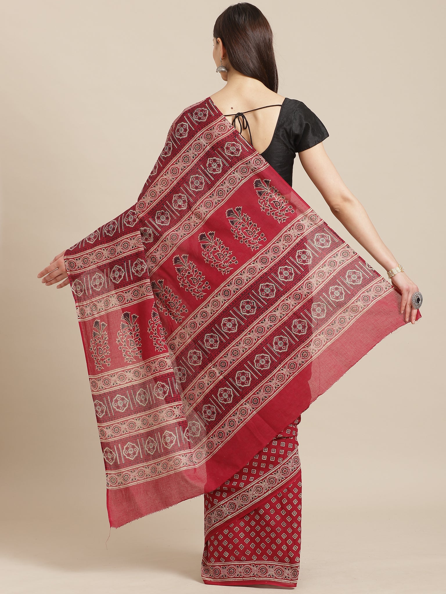 Maroon and Black, Kalakari India Cotton Maroon Hand crafted saree with blouse BAPASA0104-Saree-Kalakari India-BAPASA0104-Block Print, Cotton, Geographical Indication, Hand Crafted, Heritage Prints, Natural Dyes, Red, Sarees, Sustainable Fabrics, Woven, Yellow-[Linen,Ethnic,wear,Fashionista,Handloom,Handicraft,Indigo,blockprint,block,print,Cotton,Chanderi,Blue, latest,classy,party,bollywood,trendy,summer,style,traditional,formal,elegant,unique,style,hand,block,print, dabu,booti,gift,present,glamo