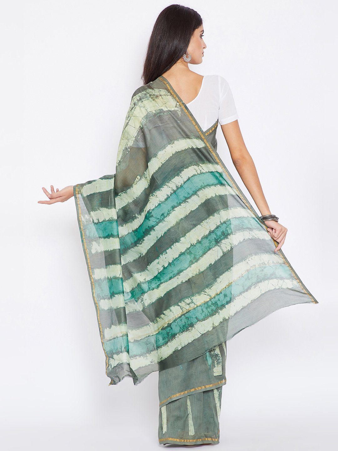 Teal & White Chanderi Silk Cotton Hand Block Print Handcrafted Saree-Saree-Kalakari India-BHKPSA0002-Chanderi, Dabu, Geographical Indication, Hand Blocks, Hand Crafted, Heritage Prints, Natural Dyes, Sarees, Sustainable Fabrics-[Linen,Ethnic,wear,Fashionista,Handloom,Handicraft,Indigo,blockprint,block,print,Cotton,Chanderi,Blue, latest,classy,party,bollywood,trendy,summer,style,traditional,formal,elegant,unique,style,hand,block,print, dabu,booti,gift,present,glamorous,affordable,collectible,Sari