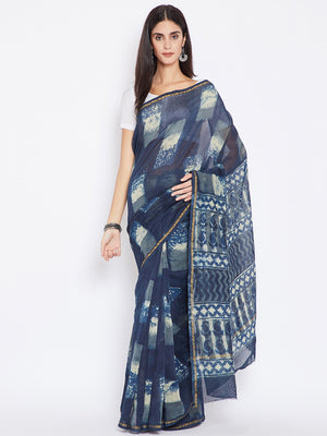Blue & White Chanderi Silk Cotton Hand Block Print Handcrafted Saree-Saree-Kalakari India-BHKPSA0003-Chanderi, Dabu, Geographical Indication, Hand Blocks, Hand Crafted, Heritage Prints, Indigo, Natural Dyes, Sarees, Sustainable Fabrics-[Linen,Ethnic,wear,Fashionista,Handloom,Handicraft,Indigo,blockprint,block,print,Cotton,Chanderi,Blue, latest,classy,party,bollywood,trendy,summer,style,traditional,formal,elegant,unique,style,hand,block,print, dabu,booti,gift,present,glamorous,affordable,collecti