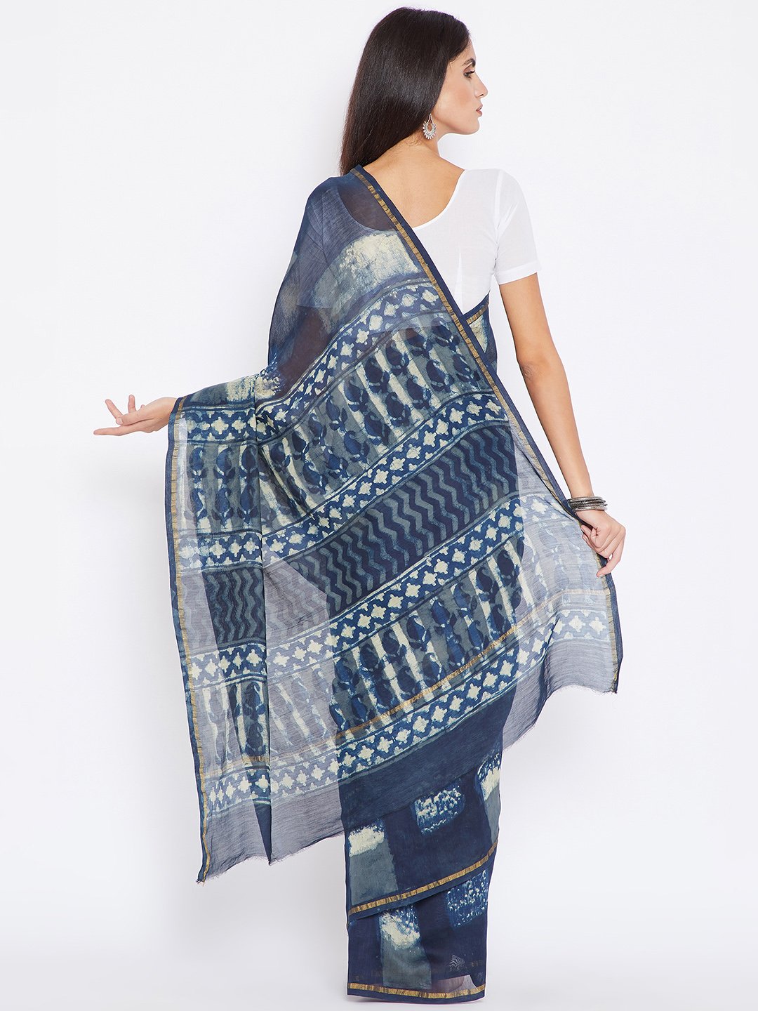 Blue & White Chanderi Silk Cotton Hand Block Print Handcrafted Saree-Saree-Kalakari India-BHKPSA0003-Chanderi, Dabu, Geographical Indication, Hand Blocks, Hand Crafted, Heritage Prints, Indigo, Natural Dyes, Sarees, Sustainable Fabrics-[Linen,Ethnic,wear,Fashionista,Handloom,Handicraft,Indigo,blockprint,block,print,Cotton,Chanderi,Blue, latest,classy,party,bollywood,trendy,summer,style,traditional,formal,elegant,unique,style,hand,block,print, dabu,booti,gift,present,glamorous,affordable,collecti