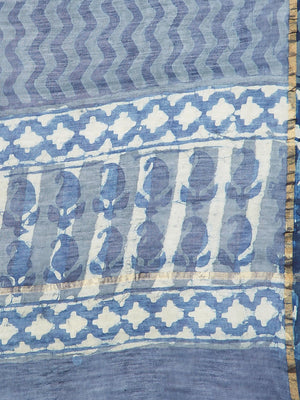 Blue & White Chanderi Silk Cotton Hand Block Print Handcrafted Saree-Saree-Kalakari India-BHKPSA0003-Chanderi, Dabu, Geographical Indication, Hand Blocks, Hand Crafted, Heritage Prints, Indigo, Natural Dyes, Sarees, Sustainable Fabrics-[Linen,Ethnic,wear,Fashionista,Handloom,Handicraft,Indigo,blockprint,block,print,Cotton,Chanderi,Blue, latest,classy,party,bollywood,trendy,summer,style,traditional,formal,elegant,unique,style,hand,block,print, dabu,booti,gift,present,glamorous,affordable,collecti