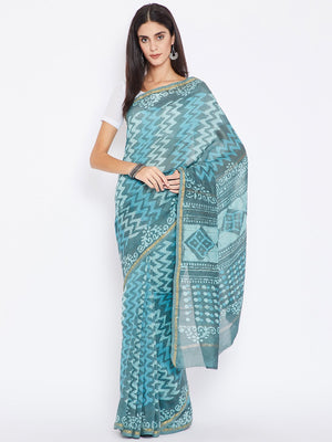 Turquoise Blue Chanderi Silk Cotton Hand Block Print Handcrafted Saree-Saree-Kalakari India-BHKPSA0004-Chanderi, Dabu, Geographical Indication, Hand Blocks, Hand Crafted, Heritage Prints, Natural Dyes, Sarees, Sustainable Fabrics-[Linen,Ethnic,wear,Fashionista,Handloom,Handicraft,Indigo,blockprint,block,print,Cotton,Chanderi,Blue, latest,classy,party,bollywood,trendy,summer,style,traditional,formal,elegant,unique,style,hand,block,print, dabu,booti,gift,present,glamorous,affordable,collectible,Sa