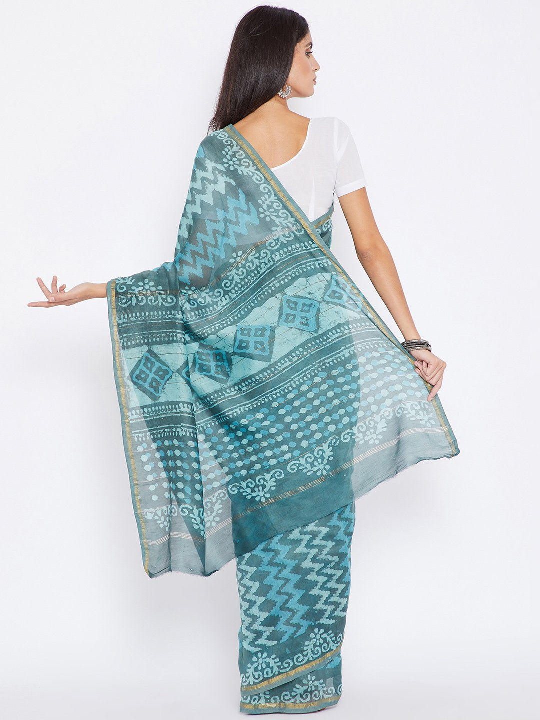 Turquoise Blue Chanderi Silk Cotton Hand Block Print Handcrafted Saree-Saree-Kalakari India-BHKPSA0004-Chanderi, Dabu, Geographical Indication, Hand Blocks, Hand Crafted, Heritage Prints, Natural Dyes, Sarees, Sustainable Fabrics-[Linen,Ethnic,wear,Fashionista,Handloom,Handicraft,Indigo,blockprint,block,print,Cotton,Chanderi,Blue, latest,classy,party,bollywood,trendy,summer,style,traditional,formal,elegant,unique,style,hand,block,print, dabu,booti,gift,present,glamorous,affordable,collectible,Sa