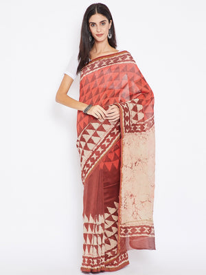 Red & Orange Chanderi Silk Cotton Hand Block Print Handcrafted Saree-Saree-Kalakari India-BHKPSA0005-Chanderi, Dabu, Geographical Indication, Hand Blocks, Hand Crafted, Heritage Prints, Natural Dyes, Sarees, Sustainable Fabrics-[Linen,Ethnic,wear,Fashionista,Handloom,Handicraft,Indigo,blockprint,block,print,Cotton,Chanderi,Blue, latest,classy,party,bollywood,trendy,summer,style,traditional,formal,elegant,unique,style,hand,block,print, dabu,booti,gift,present,glamorous,affordable,collectible,Sari