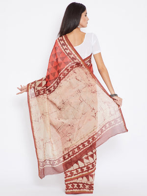 Red & Orange Chanderi Silk Cotton Hand Block Print Handcrafted Saree-Saree-Kalakari India-BHKPSA0005-Chanderi, Dabu, Geographical Indication, Hand Blocks, Hand Crafted, Heritage Prints, Natural Dyes, Sarees, Sustainable Fabrics-[Linen,Ethnic,wear,Fashionista,Handloom,Handicraft,Indigo,blockprint,block,print,Cotton,Chanderi,Blue, latest,classy,party,bollywood,trendy,summer,style,traditional,formal,elegant,unique,style,hand,block,print, dabu,booti,gift,present,glamorous,affordable,collectible,Sari