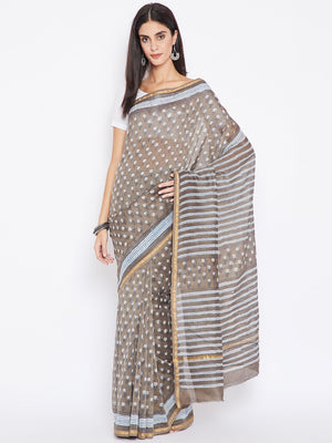 Brown & White Chanderi Silk Cotton Hand Block Print Handcrafted Saree-Saree-Kalakari India-BHKPSA0008-Chanderi, Dabu, Geographical Indication, Hand Blocks, Hand Crafted, Heritage Prints, Natural Dyes, Sarees, Sustainable Fabrics-[Linen,Ethnic,wear,Fashionista,Handloom,Handicraft,Indigo,blockprint,block,print,Cotton,Chanderi,Blue, latest,classy,party,bollywood,trendy,summer,style,traditional,formal,elegant,unique,style,hand,block,print, dabu,booti,gift,present,glamorous,affordable,collectible,Sar