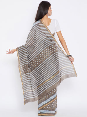 Brown & White Chanderi Silk Cotton Hand Block Print Handcrafted Saree-Saree-Kalakari India-BHKPSA0008-Chanderi, Dabu, Geographical Indication, Hand Blocks, Hand Crafted, Heritage Prints, Natural Dyes, Sarees, Sustainable Fabrics-[Linen,Ethnic,wear,Fashionista,Handloom,Handicraft,Indigo,blockprint,block,print,Cotton,Chanderi,Blue, latest,classy,party,bollywood,trendy,summer,style,traditional,formal,elegant,unique,style,hand,block,print, dabu,booti,gift,present,glamorous,affordable,collectible,Sar
