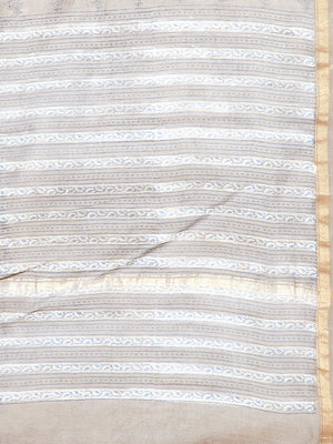 Brown & White Chanderi Silk Cotton Hand Block Print Handcrafted Saree-Saree-Kalakari India-BHKPSA0008-Chanderi, Dabu, Geographical Indication, Hand Blocks, Hand Crafted, Heritage Prints, Natural Dyes, Sarees, Sustainable Fabrics-[Linen,Ethnic,wear,Fashionista,Handloom,Handicraft,Indigo,blockprint,block,print,Cotton,Chanderi,Blue, latest,classy,party,bollywood,trendy,summer,style,traditional,formal,elegant,unique,style,hand,block,print, dabu,booti,gift,present,glamorous,affordable,collectible,Sar