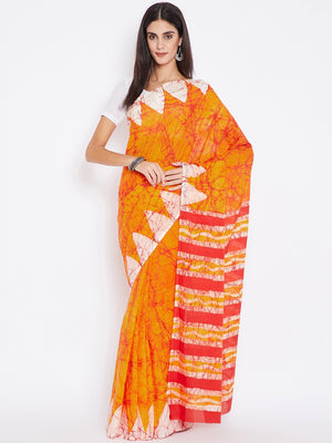 Red & Orange Batik Dyed Handcrafted Cotton Saree-Saree-Kalakari India-BHKPSA0011-Batik, Cotton, Geographical Indication, Hand Blocks, Hand Crafted, Heritage Prints, Sarees, Sustainable Fabrics-[Linen,Ethnic,wear,Fashionista,Handloom,Handicraft,Indigo,blockprint,block,print,Cotton,Chanderi,Blue, latest,classy,party,bollywood,trendy,summer,style,traditional,formal,elegant,unique,style,hand,block,print, dabu,booti,gift,present,glamorous,affordable,collectible,Sari,Saree,printed, holi, Diwali, birth