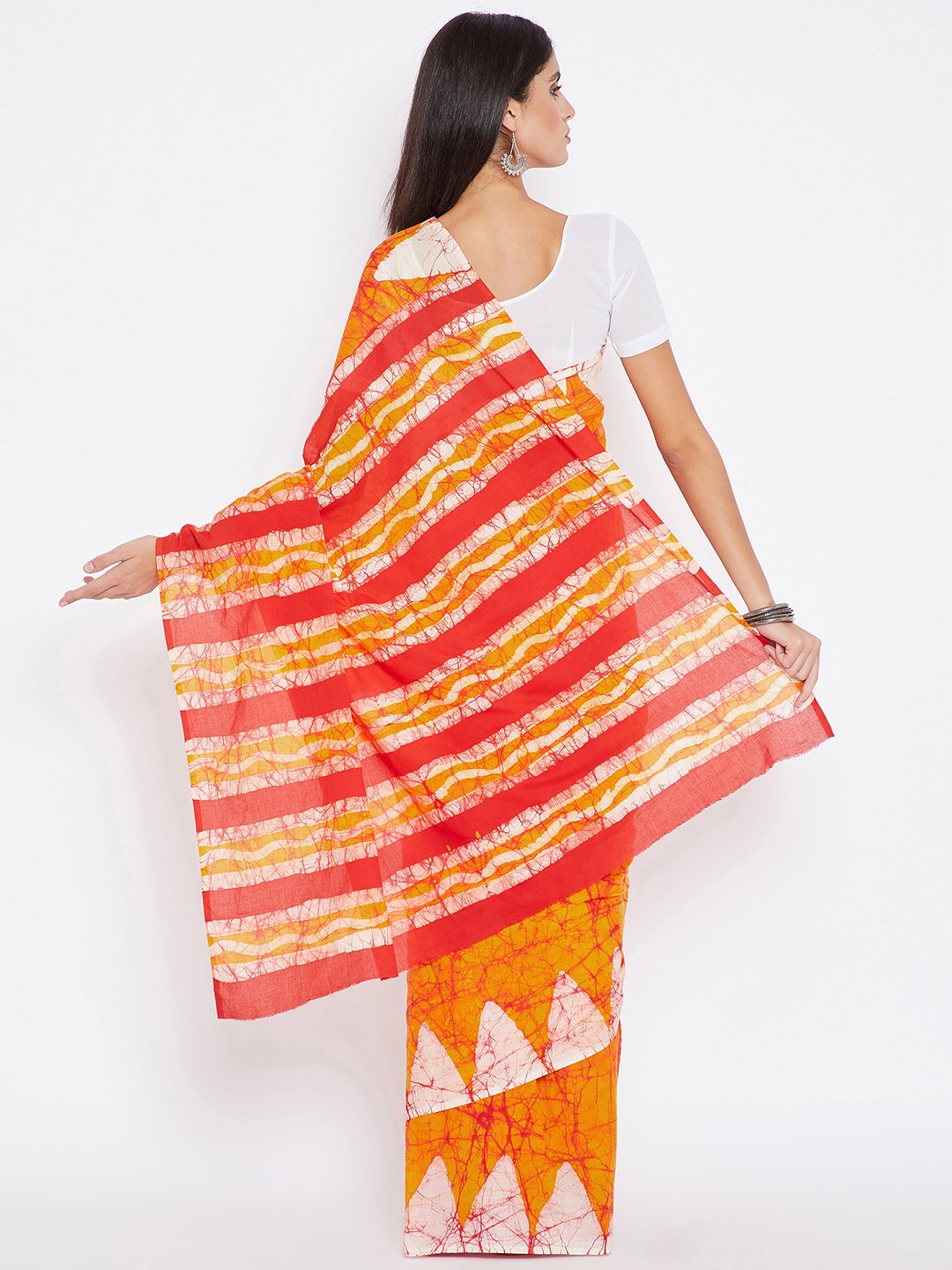 Red & Orange Batik Dyed Handcrafted Cotton Saree-Saree-Kalakari India-BHKPSA0011-Batik, Cotton, Geographical Indication, Hand Blocks, Hand Crafted, Heritage Prints, Sarees, Sustainable Fabrics-[Linen,Ethnic,wear,Fashionista,Handloom,Handicraft,Indigo,blockprint,block,print,Cotton,Chanderi,Blue, latest,classy,party,bollywood,trendy,summer,style,traditional,formal,elegant,unique,style,hand,block,print, dabu,booti,gift,present,glamorous,affordable,collectible,Sari,Saree,printed, holi, Diwali, birth