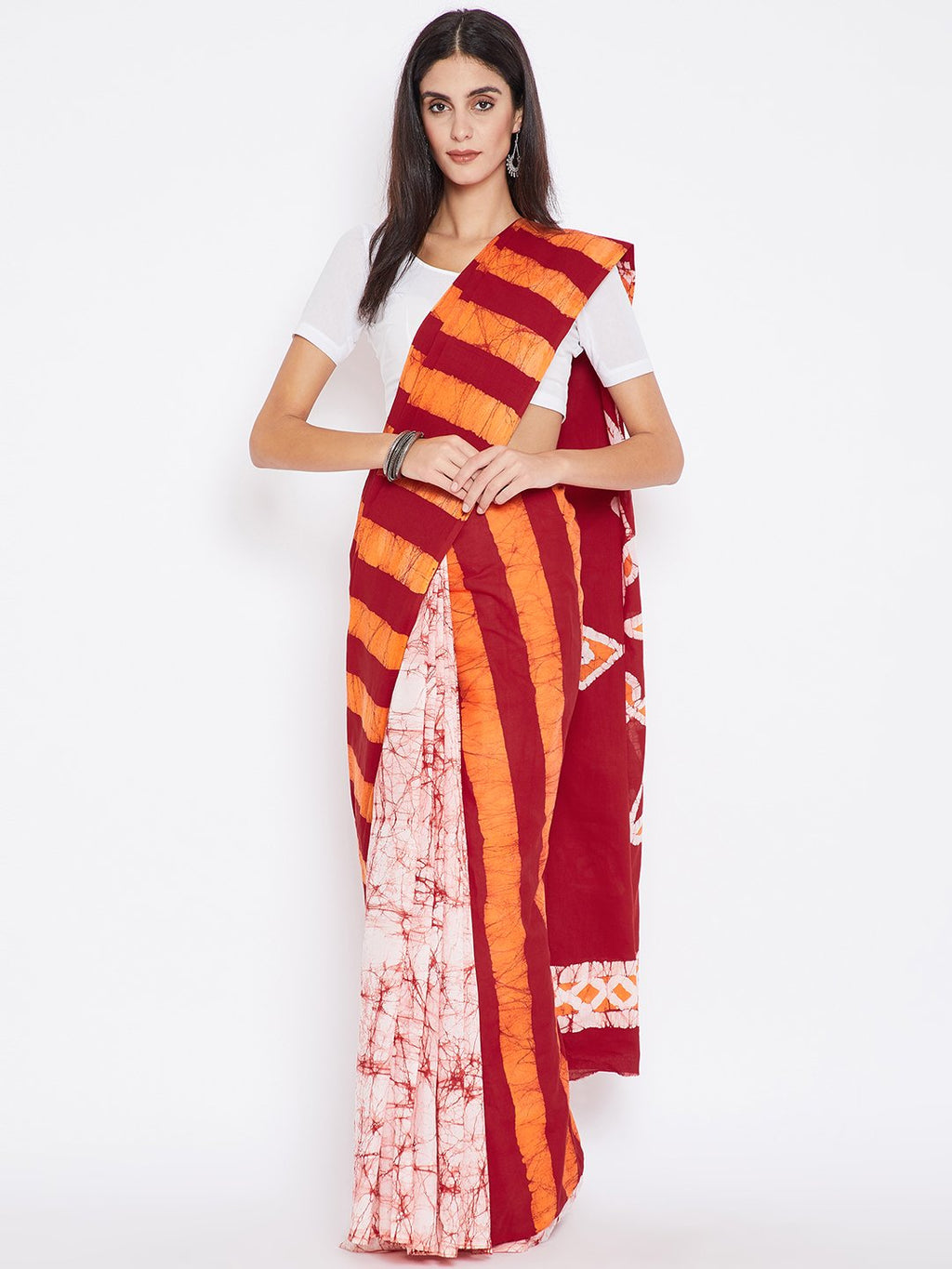 Red & Orange Batik Dyed Handcrafted Cotton Saree-Saree-Kalakari India-BHKPSA0014-Batik, Cotton, Geographical Indication, Hand Blocks, Hand Crafted, Heritage Prints, Sarees, Sustainable Fabrics-[Linen,Ethnic,wear,Fashionista,Handloom,Handicraft,Indigo,blockprint,block,print,Cotton,Chanderi,Blue, latest,classy,party,bollywood,trendy,summer,style,traditional,formal,elegant,unique,style,hand,block,print, dabu,booti,gift,present,glamorous,affordable,collectible,Sari,Saree,printed, holi, Diwali, birth