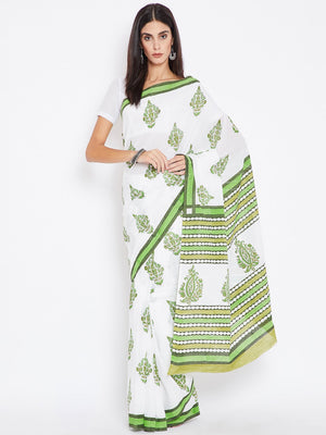 Green & White Mughal Hand Block Print Handcrafted Cotton Saree-Saree-Kalakari India-BHKPSA0016-Cotton, Geographical Indication, Hand Blocks, Hand Crafted, Heritage Prints, Sanganeri, Sarees, Sustainable Fabrics-[Linen,Ethnic,wear,Fashionista,Handloom,Handicraft,Indigo,blockprint,block,print,Cotton,Chanderi,Blue, latest,classy,party,bollywood,trendy,summer,style,traditional,formal,elegant,unique,style,hand,block,print, dabu,booti,gift,present,glamorous,affordable,collectible,Sari,Saree,printed, h