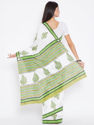 Green & White Mughal Hand Block Print Handcrafted Cotton Saree-Saree-Kalakari India-BHKPSA0016-Cotton, Geographical Indication, Hand Blocks, Hand Crafted, Heritage Prints, Sanganeri, Sarees, Sustainable Fabrics-[Linen,Ethnic,wear,Fashionista,Handloom,Handicraft,Indigo,blockprint,block,print,Cotton,Chanderi,Blue, latest,classy,party,bollywood,trendy,summer,style,traditional,formal,elegant,unique,style,hand,block,print, dabu,booti,gift,present,glamorous,affordable,collectible,Sari,Saree,printed, h