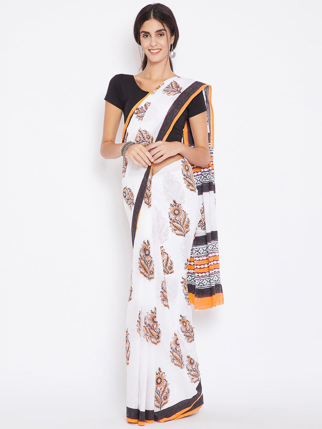 White & Orange Mughal Hand Block Print Handcrafted Cotton Saree-Saree-Kalakari India-BHKPSA0018-Cotton, Geographical Indication, Hand Blocks, Hand Crafted, Heritage Prints, Sanganeri, Sarees, Sustainable Fabrics-[Linen,Ethnic,wear,Fashionista,Handloom,Handicraft,Indigo,blockprint,block,print,Cotton,Chanderi,Blue, latest,classy,party,bollywood,trendy,summer,style,traditional,formal,elegant,unique,style,hand,block,print, dabu,booti,gift,present,glamorous,affordable,collectible,Sari,Saree,printed, 