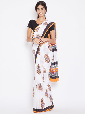 White & Orange Mughal Hand Block Print Handcrafted Cotton Saree-Saree-Kalakari India-BHKPSA0018-Cotton, Geographical Indication, Hand Blocks, Hand Crafted, Heritage Prints, Sanganeri, Sarees, Sustainable Fabrics-[Linen,Ethnic,wear,Fashionista,Handloom,Handicraft,Indigo,blockprint,block,print,Cotton,Chanderi,Blue, latest,classy,party,bollywood,trendy,summer,style,traditional,formal,elegant,unique,style,hand,block,print, dabu,booti,gift,present,glamorous,affordable,collectible,Sari,Saree,printed, 