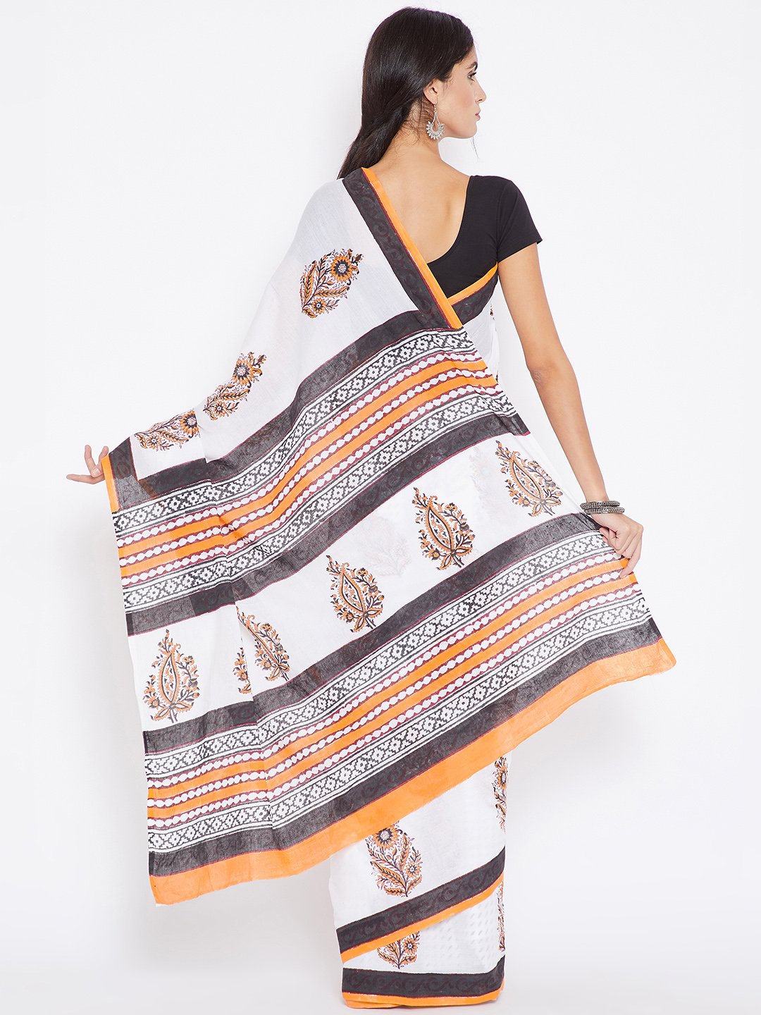 White & Orange Mughal Hand Block Print Handcrafted Cotton Saree-Saree-Kalakari India-BHKPSA0018-Cotton, Geographical Indication, Hand Blocks, Hand Crafted, Heritage Prints, Sanganeri, Sarees, Sustainable Fabrics-[Linen,Ethnic,wear,Fashionista,Handloom,Handicraft,Indigo,blockprint,block,print,Cotton,Chanderi,Blue, latest,classy,party,bollywood,trendy,summer,style,traditional,formal,elegant,unique,style,hand,block,print, dabu,booti,gift,present,glamorous,affordable,collectible,Sari,Saree,printed, 