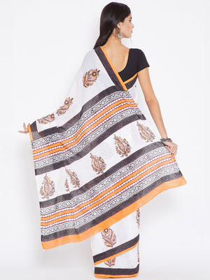 White & Orange Mughal Hand Block Print Handcrafted Cotton Saree-Saree-Kalakari India-BHKPSA0018-Cotton, Geographical Indication, Hand Blocks, Hand Crafted, Heritage Prints, Sanganeri, Sarees, Sustainable Fabrics-[Linen,Ethnic,wear,Fashionista,Handloom,Handicraft,Indigo,blockprint,block,print,Cotton,Chanderi,Blue, latest,classy,party,bollywood,trendy,summer,style,traditional,formal,elegant,unique,style,hand,block,print, dabu,booti,gift,present,glamorous,affordable,collectible,Sari,Saree,printed, 