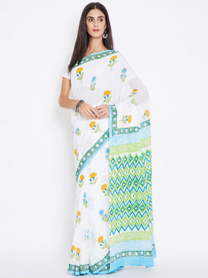 White & Green Mughal Hand Block Print Handcrafted Cotton Saree-Saree-Kalakari India-BHKPSA0019-Cotton, Geographical Indication, Hand Blocks, Hand Crafted, Heritage Prints, Sanganeri, Sarees, Sustainable Fabrics-[Linen,Ethnic,wear,Fashionista,Handloom,Handicraft,Indigo,blockprint,block,print,Cotton,Chanderi,Blue, latest,classy,party,bollywood,trendy,summer,style,traditional,formal,elegant,unique,style,hand,block,print, dabu,booti,gift,present,glamorous,affordable,collectible,Sari,Saree,printed, h