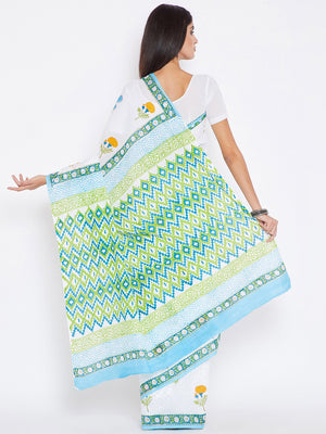 White & Green Mughal Hand Block Print Handcrafted Cotton Saree-Saree-Kalakari India-BHKPSA0019-Cotton, Geographical Indication, Hand Blocks, Hand Crafted, Heritage Prints, Sanganeri, Sarees, Sustainable Fabrics-[Linen,Ethnic,wear,Fashionista,Handloom,Handicraft,Indigo,blockprint,block,print,Cotton,Chanderi,Blue, latest,classy,party,bollywood,trendy,summer,style,traditional,formal,elegant,unique,style,hand,block,print, dabu,booti,gift,present,glamorous,affordable,collectible,Sari,Saree,printed, h