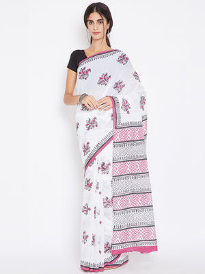 White & Pink Mughal Hand Block Print Handcrafted Cotton Saree-Saree-Kalakari India-BHKPSA0020-Cotton, Geographical Indication, Hand Blocks, Hand Crafted, Heritage Prints, Sanganeri, Sarees, Sustainable Fabrics-[Linen,Ethnic,wear,Fashionista,Handloom,Handicraft,Indigo,blockprint,block,print,Cotton,Chanderi,Blue, latest,classy,party,bollywood,trendy,summer,style,traditional,formal,elegant,unique,style,hand,block,print, dabu,booti,gift,present,glamorous,affordable,collectible,Sari,Saree,printed, ho