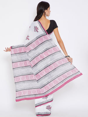 White & Pink Mughal Hand Block Print Handcrafted Cotton Saree-Saree-Kalakari India-BHKPSA0020-Cotton, Geographical Indication, Hand Blocks, Hand Crafted, Heritage Prints, Sanganeri, Sarees, Sustainable Fabrics-[Linen,Ethnic,wear,Fashionista,Handloom,Handicraft,Indigo,blockprint,block,print,Cotton,Chanderi,Blue, latest,classy,party,bollywood,trendy,summer,style,traditional,formal,elegant,unique,style,hand,block,print, dabu,booti,gift,present,glamorous,affordable,collectible,Sari,Saree,printed, ho