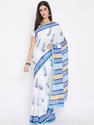 White & Blue Mughal Hand Block Print Handcrafted Cotton Saree-Saree-Kalakari India-BHKPSA0023-Cotton, Geographical Indication, Hand Blocks, Hand Crafted, Heritage Prints, Sanganeri, Sarees, Sustainable Fabrics-[Linen,Ethnic,wear,Fashionista,Handloom,Handicraft,Indigo,blockprint,block,print,Cotton,Chanderi,Blue, latest,classy,party,bollywood,trendy,summer,style,traditional,formal,elegant,unique,style,hand,block,print, dabu,booti,gift,present,glamorous,affordable,collectible,Sari,Saree,printed, ho