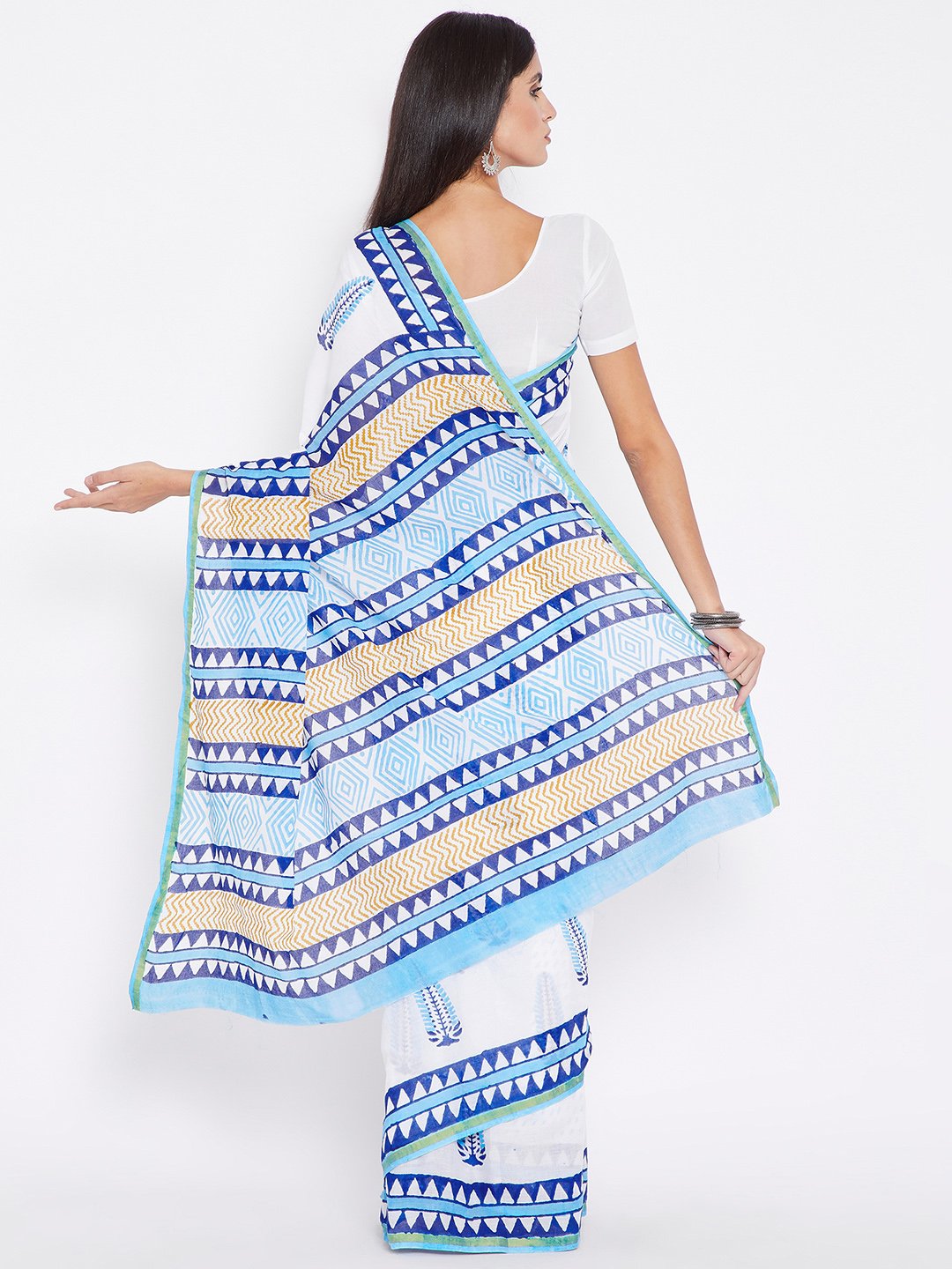 White & Blue Mughal Hand Block Print Handcrafted Cotton Saree-Saree-Kalakari India-BHKPSA0023-Cotton, Geographical Indication, Hand Blocks, Hand Crafted, Heritage Prints, Sanganeri, Sarees, Sustainable Fabrics-[Linen,Ethnic,wear,Fashionista,Handloom,Handicraft,Indigo,blockprint,block,print,Cotton,Chanderi,Blue, latest,classy,party,bollywood,trendy,summer,style,traditional,formal,elegant,unique,style,hand,block,print, dabu,booti,gift,present,glamorous,affordable,collectible,Sari,Saree,printed, ho