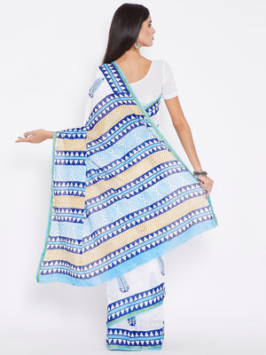 White & Blue Mughal Hand Block Print Handcrafted Cotton Saree-Saree-Kalakari India-BHKPSA0023-Cotton, Geographical Indication, Hand Blocks, Hand Crafted, Heritage Prints, Sanganeri, Sarees, Sustainable Fabrics-[Linen,Ethnic,wear,Fashionista,Handloom,Handicraft,Indigo,blockprint,block,print,Cotton,Chanderi,Blue, latest,classy,party,bollywood,trendy,summer,style,traditional,formal,elegant,unique,style,hand,block,print, dabu,booti,gift,present,glamorous,affordable,collectible,Sari,Saree,printed, ho