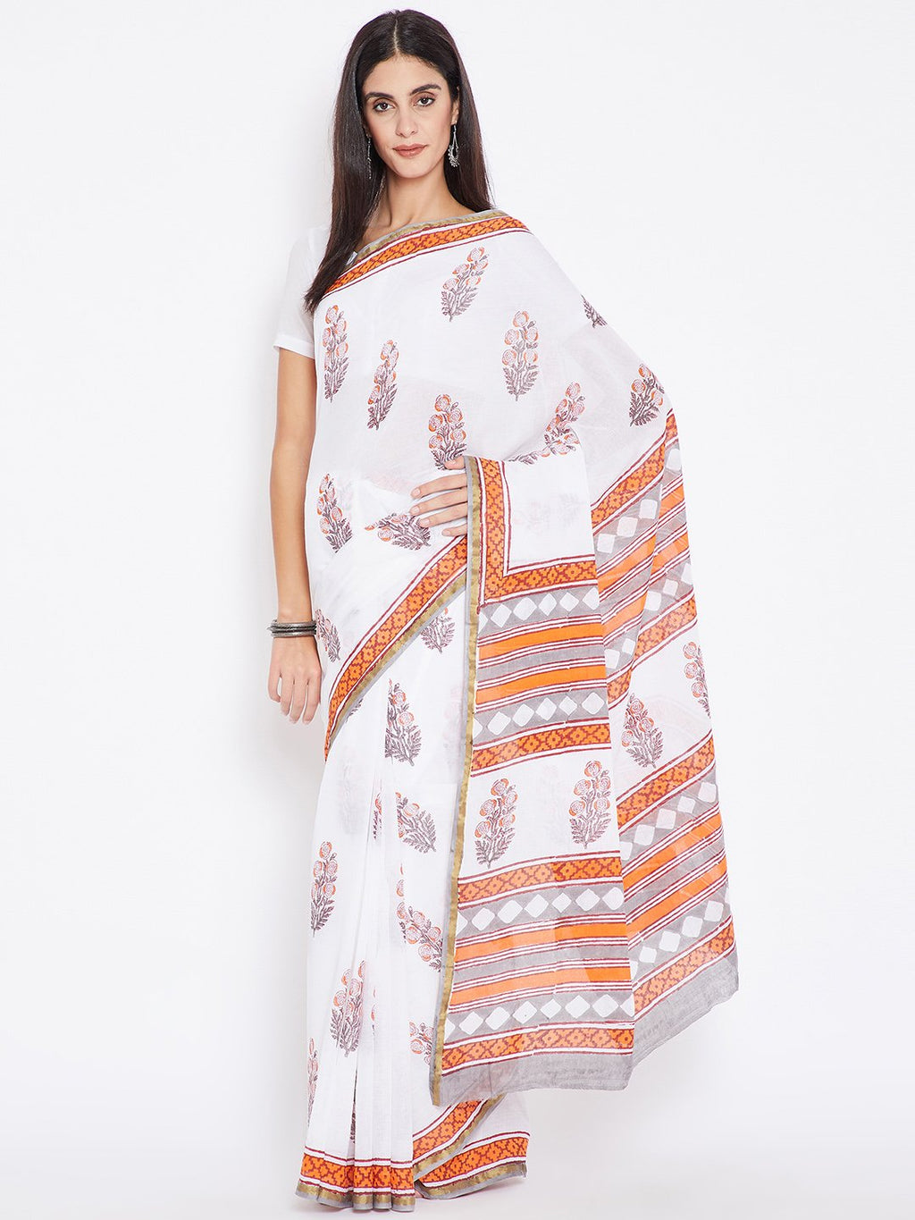 White & Orange Mughal Hand Block Print Handcrafted Cotton Saree-Saree-Kalakari India-BHKPSA0024-Cotton, Geographical Indication, Hand Blocks, Hand Crafted, Heritage Prints, Sanganeri, Sarees, Sustainable Fabrics-[Linen,Ethnic,wear,Fashionista,Handloom,Handicraft,Indigo,blockprint,block,print,Cotton,Chanderi,Blue, latest,classy,party,bollywood,trendy,summer,style,traditional,formal,elegant,unique,style,hand,block,print, dabu,booti,gift,present,glamorous,affordable,collectible,Sari,Saree,printed, 