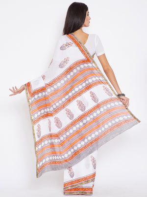White & Orange Mughal Hand Block Print Handcrafted Cotton Saree-Saree-Kalakari India-BHKPSA0024-Cotton, Geographical Indication, Hand Blocks, Hand Crafted, Heritage Prints, Sanganeri, Sarees, Sustainable Fabrics-[Linen,Ethnic,wear,Fashionista,Handloom,Handicraft,Indigo,blockprint,block,print,Cotton,Chanderi,Blue, latest,classy,party,bollywood,trendy,summer,style,traditional,formal,elegant,unique,style,hand,block,print, dabu,booti,gift,present,glamorous,affordable,collectible,Sari,Saree,printed, 