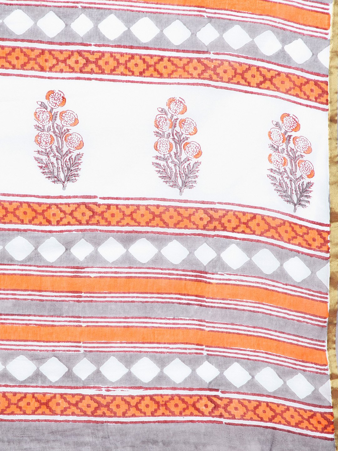 White & Orange Mughal Hand Block Print Handcrafted Cotton Saree-Saree-Kalakari India-BHKPSA0024-Cotton, Geographical Indication, Hand Blocks, Hand Crafted, Heritage Prints, Sanganeri, Sarees, Sustainable Fabrics-[Linen,Ethnic,wear,Fashionista,Handloom,Handicraft,Indigo,blockprint,block,print,Cotton,Chanderi,Blue, latest,classy,party,bollywood,trendy,summer,style,traditional,formal,elegant,unique,style,hand,block,print, dabu,booti,gift,present,glamorous,affordable,collectible,Sari,Saree,printed, 