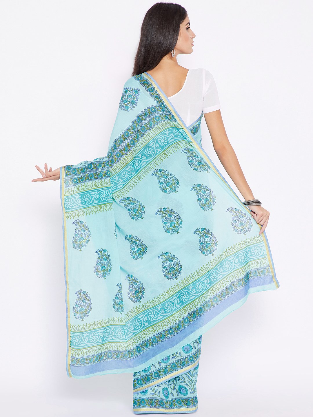 Blue Mughal Hand Block Print Handcrafted Cotton Silk Saree-Saree-Kalakari India-BHKPSA0025-Cotton, Geographical Indication, Hand Blocks, Hand Crafted, Heritage Prints, Sanganeri, Sarees, Sustainable Fabrics-[Linen,Ethnic,wear,Fashionista,Handloom,Handicraft,Indigo,blockprint,block,print,Cotton,Chanderi,Blue, latest,classy,party,bollywood,trendy,summer,style,traditional,formal,elegant,unique,style,hand,block,print, dabu,booti,gift,present,glamorous,affordable,collectible,Sari,Saree,printed, holi,