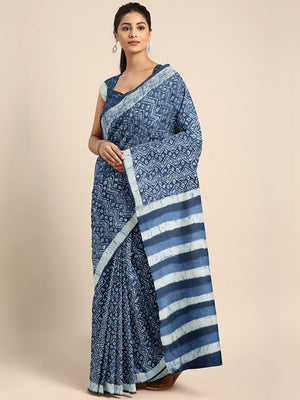 Navy Blue & White Mud Resist Handblock Print Handcrafted Cotton Saree-Saree-Kalakari India-BHKPSA0026-Cotton, Dabu, Geographical Indication, Hand Blocks, Hand Crafted, Heritage Prints, Indigo, Natural Dyes, Sarees, Sustainable Fabrics-[Linen,Ethnic,wear,Fashionista,Handloom,Handicraft,Indigo,blockprint,block,print,Cotton,Chanderi,Blue, latest,classy,party,bollywood,trendy,summer,style,traditional,formal,elegant,unique,style,hand,block,print, dabu,booti,gift,present,glamorous,affordable,collectib