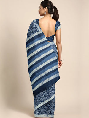 Navy Blue & White Mud Resist Handblock Print Handcrafted Cotton Saree-Saree-Kalakari India-BHKPSA0026-Cotton, Dabu, Geographical Indication, Hand Blocks, Hand Crafted, Heritage Prints, Indigo, Natural Dyes, Sarees, Sustainable Fabrics-[Linen,Ethnic,wear,Fashionista,Handloom,Handicraft,Indigo,blockprint,block,print,Cotton,Chanderi,Blue, latest,classy,party,bollywood,trendy,summer,style,traditional,formal,elegant,unique,style,hand,block,print, dabu,booti,gift,present,glamorous,affordable,collectib
