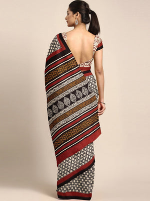 Off-White & Black Bagh Hand Block Print Handcrafted Saree-Saree-Kalakari India-BHKPSA0028-Cotton, Dabu, Geographical Indication, Hand Blocks, Hand Crafted, Heritage Prints, Indigo, Natural Dyes, Sarees, Sustainable Fabrics-[Linen,Ethnic,wear,Fashionista,Handloom,Handicraft,Indigo,blockprint,block,print,Cotton,Chanderi,Blue, latest,classy,party,bollywood,trendy,summer,style,traditional,formal,elegant,unique,style,hand,block,print, dabu,booti,gift,present,glamorous,affordable,collectible,Sari,Sare
