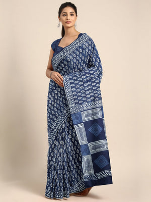 Indigo Mud Resist Handblock Print Handcrafted Cotton Saree-Saree-Kalakari India-BHKPSA0029-Cotton, Dabu, Geographical Indication, Hand Blocks, Hand Crafted, Heritage Prints, Indigo, Natural Dyes, Sarees, Sustainable Fabrics-[Linen,Ethnic,wear,Fashionista,Handloom,Handicraft,Indigo,blockprint,block,print,Cotton,Chanderi,Blue, latest,classy,party,bollywood,trendy,summer,style,traditional,formal,elegant,unique,style,hand,block,print, dabu,booti,gift,present,glamorous,affordable,collectible,Sari,Sar