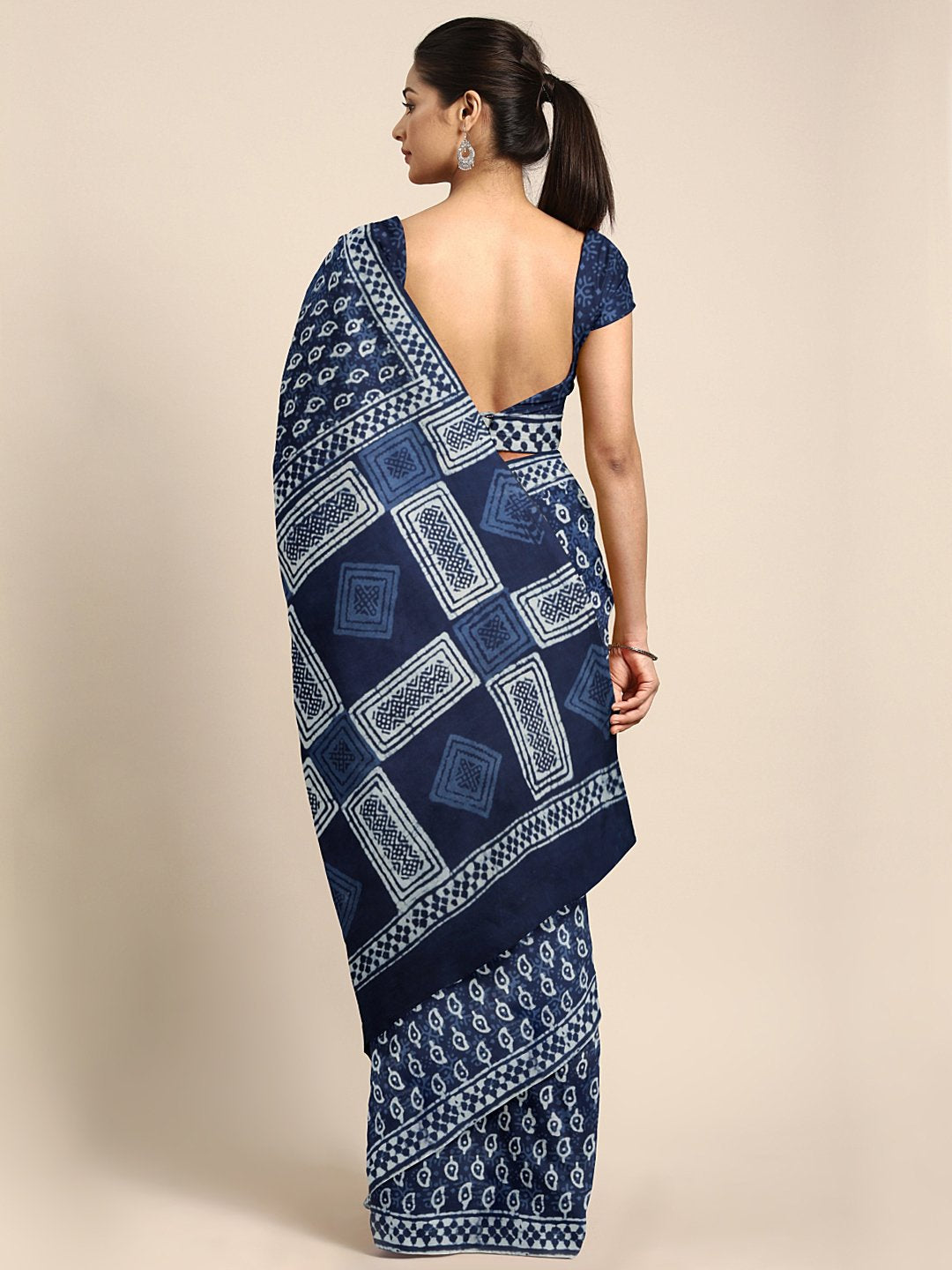 Indigo Mud Resist Handblock Print Handcrafted Cotton Saree-Saree-Kalakari India-BHKPSA0029-Cotton, Dabu, Geographical Indication, Hand Blocks, Hand Crafted, Heritage Prints, Indigo, Natural Dyes, Sarees, Sustainable Fabrics-[Linen,Ethnic,wear,Fashionista,Handloom,Handicraft,Indigo,blockprint,block,print,Cotton,Chanderi,Blue, latest,classy,party,bollywood,trendy,summer,style,traditional,formal,elegant,unique,style,hand,block,print, dabu,booti,gift,present,glamorous,affordable,collectible,Sari,Sar