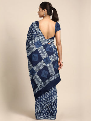 Indigo Mud Resist Handblock Print Handcrafted Cotton Saree-Saree-Kalakari India-BHKPSA0029-Cotton, Dabu, Geographical Indication, Hand Blocks, Hand Crafted, Heritage Prints, Indigo, Natural Dyes, Sarees, Sustainable Fabrics-[Linen,Ethnic,wear,Fashionista,Handloom,Handicraft,Indigo,blockprint,block,print,Cotton,Chanderi,Blue, latest,classy,party,bollywood,trendy,summer,style,traditional,formal,elegant,unique,style,hand,block,print, dabu,booti,gift,present,glamorous,affordable,collectible,Sari,Sar