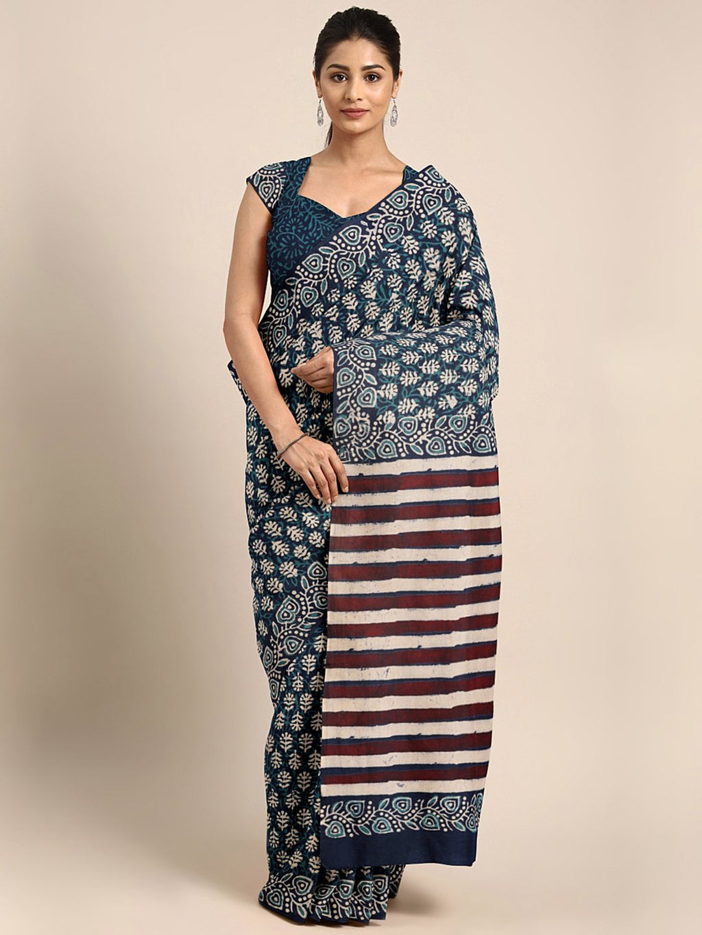 Navy Blue & Off-White Mud Resist Handblock Print Handcrafted Cotton Saree-Saree-Kalakari India-BHKPSA0032-Cotton, Dabu, Geographical Indication, Hand Blocks, Hand Crafted, Heritage Prints, Indigo, Natural Dyes, Sarees, Sustainable Fabrics-[Linen,Ethnic,wear,Fashionista,Handloom,Handicraft,Indigo,blockprint,block,print,Cotton,Chanderi,Blue, latest,classy,party,bollywood,trendy,summer,style,traditional,formal,elegant,unique,style,hand,block,print, dabu,booti,gift,present,glamorous,affordable,colle