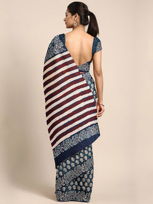 Navy Blue & Off-White Mud Resist Handblock Print Handcrafted Cotton Saree-Saree-Kalakari India-BHKPSA0032-Cotton, Dabu, Geographical Indication, Hand Blocks, Hand Crafted, Heritage Prints, Indigo, Natural Dyes, Sarees, Sustainable Fabrics-[Linen,Ethnic,wear,Fashionista,Handloom,Handicraft,Indigo,blockprint,block,print,Cotton,Chanderi,Blue, latest,classy,party,bollywood,trendy,summer,style,traditional,formal,elegant,unique,style,hand,block,print, dabu,booti,gift,present,glamorous,affordable,colle