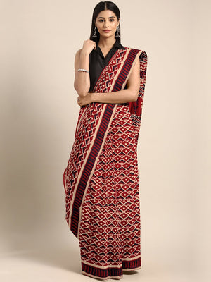 Red & Beige Mud Resist Handblock Print Batik Handcrafted Cotton Saree-Saree-Kalakari India-BHKPSA0033-Batik, Cotton, Geographical Indication, Hand Blocks, Hand Crafted, Heritage Prints, Sarees, Sustainable Fabrics-[Linen,Ethnic,wear,Fashionista,Handloom,Handicraft,Indigo,blockprint,block,print,Cotton,Chanderi,Blue, latest,classy,party,bollywood,trendy,summer,style,traditional,formal,elegant,unique,style,hand,block,print, dabu,booti,gift,present,glamorous,affordable,collectible,Sari,Saree,printed