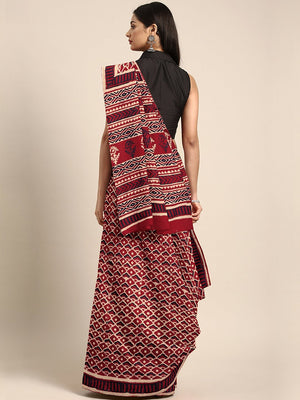 Red & Beige Mud Resist Handblock Print Batik Handcrafted Cotton Saree-Saree-Kalakari India-BHKPSA0033-Batik, Cotton, Geographical Indication, Hand Blocks, Hand Crafted, Heritage Prints, Sarees, Sustainable Fabrics-[Linen,Ethnic,wear,Fashionista,Handloom,Handicraft,Indigo,blockprint,block,print,Cotton,Chanderi,Blue, latest,classy,party,bollywood,trendy,summer,style,traditional,formal,elegant,unique,style,hand,block,print, dabu,booti,gift,present,glamorous,affordable,collectible,Sari,Saree,printed