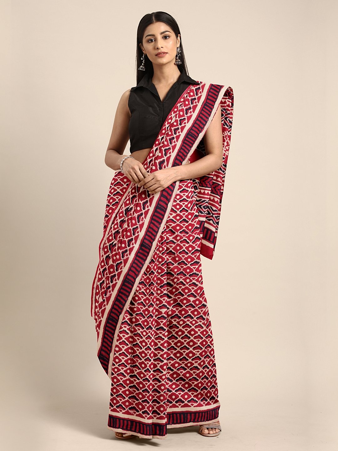 Red & Beige Mud Resist Handblock Print Batik Handcrafted Cotton Saree-Saree-Kalakari India-BHKPSA0033-Batik, Cotton, Geographical Indication, Hand Blocks, Hand Crafted, Heritage Prints, Sarees, Sustainable Fabrics-[Linen,Ethnic,wear,Fashionista,Handloom,Handicraft,Indigo,blockprint,block,print,Cotton,Chanderi,Blue, latest,classy,party,bollywood,trendy,summer,style,traditional,formal,elegant,unique,style,hand,block,print, dabu,booti,gift,present,glamorous,affordable,collectible,Sari,Saree,printed