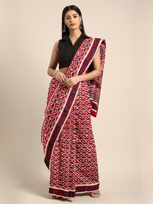 Red & Beige Mud Resist Handblock Print Batik Handcrafted Cotton Saree-Saree-Kalakari India-BHKPSA0033-Batik, Cotton, Geographical Indication, Hand Blocks, Hand Crafted, Heritage Prints, Sarees, Sustainable Fabrics-[Linen,Ethnic,wear,Fashionista,Handloom,Handicraft,Indigo,blockprint,block,print,Cotton,Chanderi,Blue, latest,classy,party,bollywood,trendy,summer,style,traditional,formal,elegant,unique,style,hand,block,print, dabu,booti,gift,present,glamorous,affordable,collectible,Sari,Saree,printed