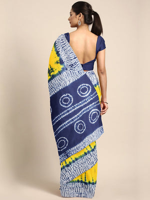 Yellow & Navy Blue Shibori Tie & Dyed Handcrafted Cotton Saree-Saree-Kalakari India-BHKPSA0034-Cotton, Geographical Indication, Hand Blocks, Hand Crafted, Heritage Prints, Sarees, Shibori, Sustainable Fabrics-[Linen,Ethnic,wear,Fashionista,Handloom,Handicraft,Indigo,blockprint,block,print,Cotton,Chanderi,Blue, latest,classy,party,bollywood,trendy,summer,style,traditional,formal,elegant,unique,style,hand,block,print, dabu,booti,gift,present,glamorous,affordable,collectible,Sari,Saree,printed, hol