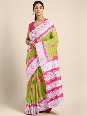 Green & Pink Shibori Tie & Dyed Handcrafted Cotton Saree-Saree-Kalakari India-BHKPSA0036-Cotton, Geographical Indication, Hand Blocks, Hand Crafted, Heritage Prints, Sarees, Shibori, Sustainable Fabrics-[Linen,Ethnic,wear,Fashionista,Handloom,Handicraft,Indigo,blockprint,block,print,Cotton,Chanderi,Blue, latest,classy,party,bollywood,trendy,summer,style,traditional,formal,elegant,unique,style,hand,block,print, dabu,booti,gift,present,glamorous,affordable,collectible,Sari,Saree,printed, holi, Diw